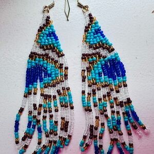 Handcrafted Beaded Earrings - Blue and Gold